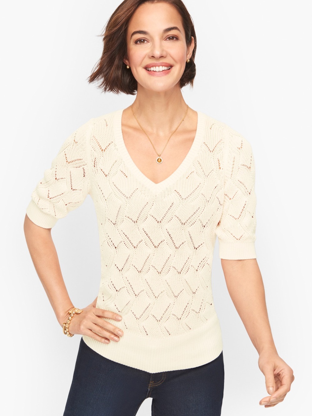 Talbots Pointelle Puff‑Sleeve Knit – Size XLP Feminine Minimalist Textured Knit